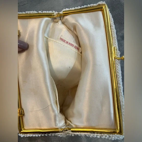 Vintage women’s clutch cream color beads  with pastel colors sequins gold strap - Picture 5 of 8